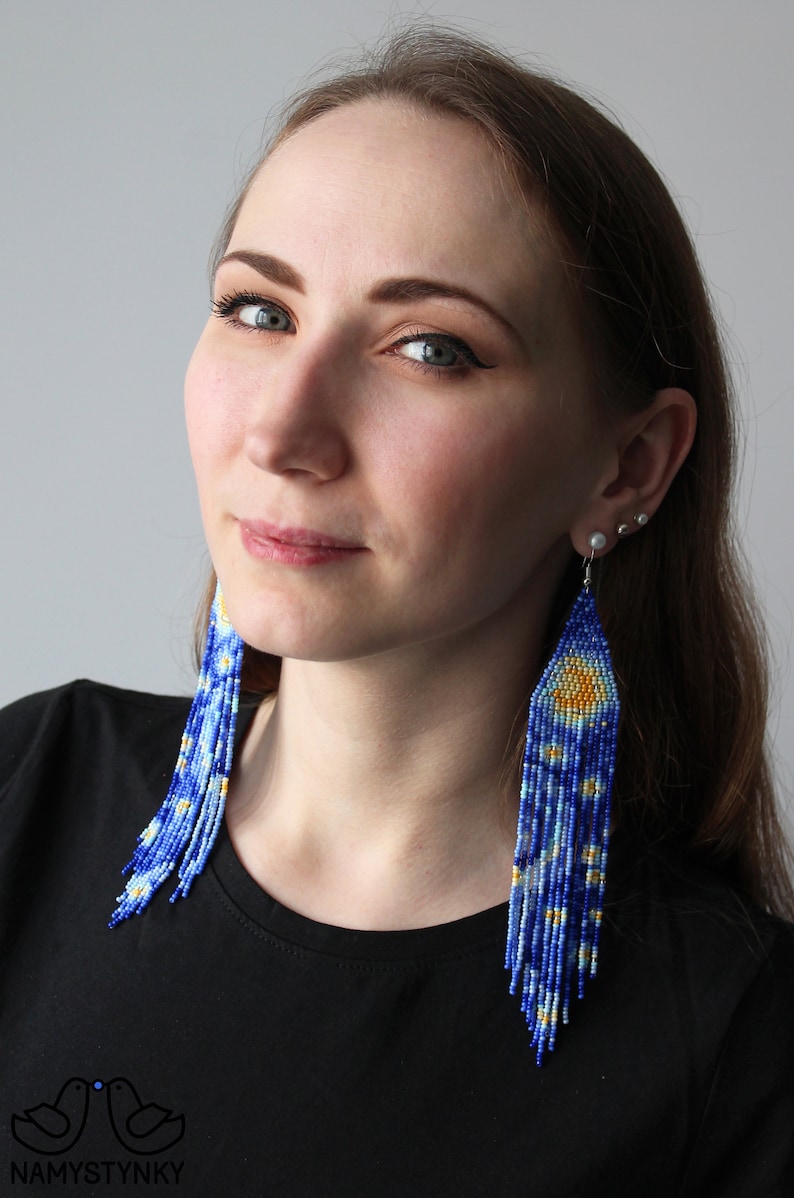 Van Gogh inspired beaded earrings Starry night dangle earrings Artistic earring Art lover gift Seed bead Boho earring Sky Landscape Beadwork image 5