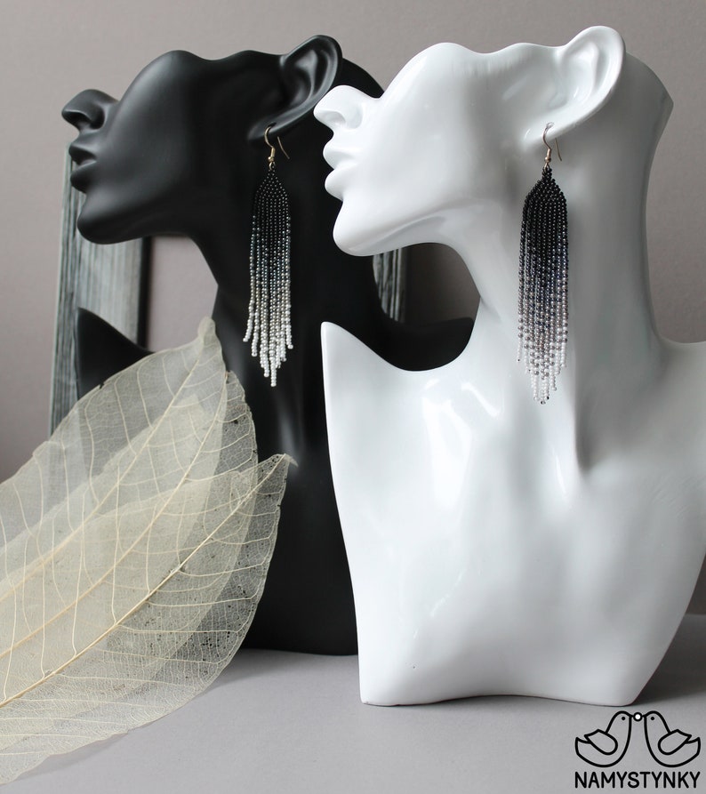 Gray Beaded Earrings Gray Ombre White Seed Bead Earrings Long Etsy Canada