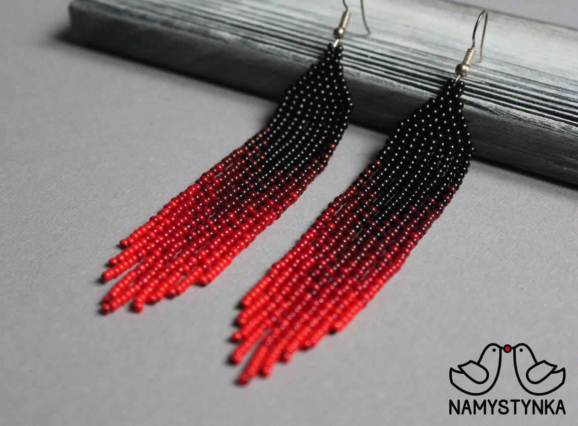 Red fringe beaded earrings Red earrings for women Seed bead Etsy