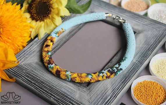 Van Gogh Sunflowers Crochet Beaded Necklace: Boho Art Lover Gift