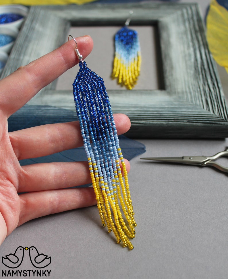 Ukrainian blue yellow beaded earrings Shining ombre earrings Long Fringe earrings Seed bead Chandelier earrings Boho beadwork earring Dangle image 3