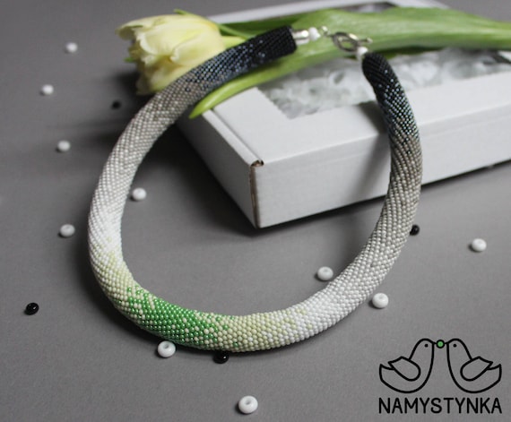 Green Gradient Crochet Beaded Necklace: Czech Beadwork Choker