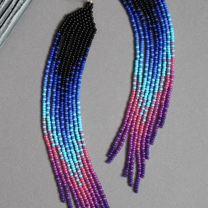 Blue purple beaded earrings Ultra violet fringe earrings Blue pink long earrings Dangle earrings Seed bead earrings Chandelier earrings zdjęcie 4