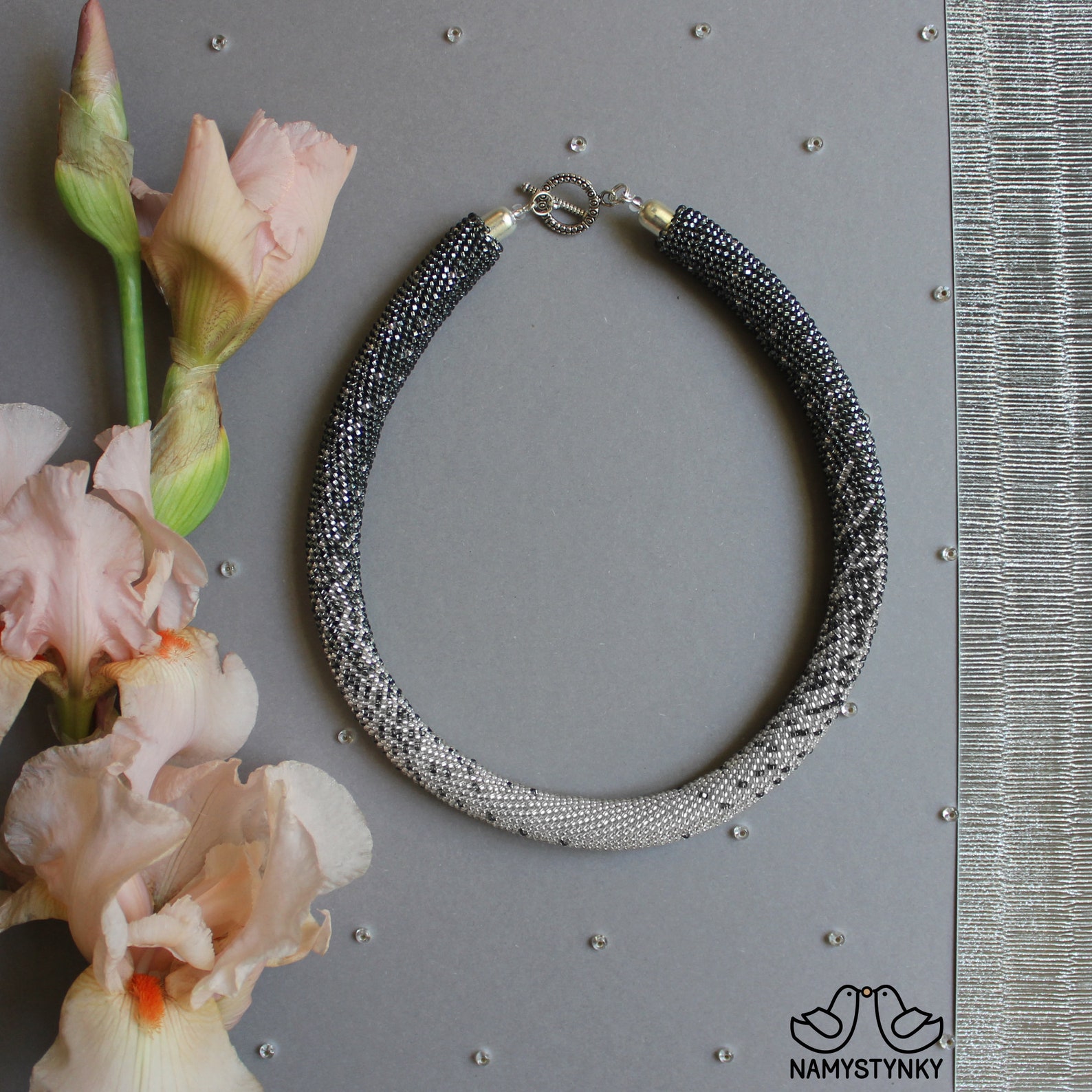 Shiny crochet necklace Beaded necklace Silver Modern necklace Etsy