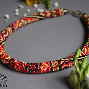 Red crochet necklace Red Flowers beaded necklace Seed bead necklace Modern necklace Spring necklace Boho jewelry Beadwork choker Red luxury