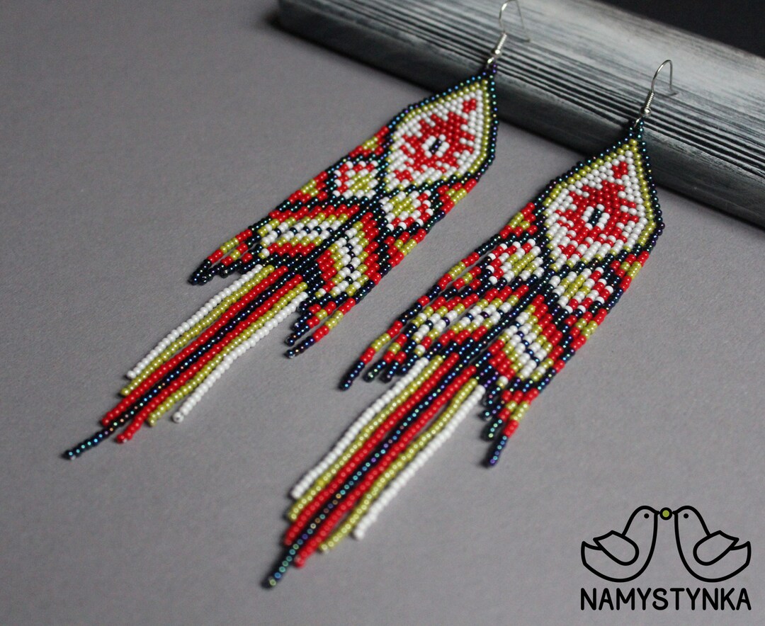 Red Geometric Seed Bead Fringe Earrings: Long Boho Dangle - Etsy