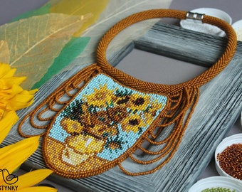 Sunflowers Van Gogh inspired beaded necklace Artistic embroidered necklace Art lover gift Seed bead Boho Sky Landscape Beadwork necklace