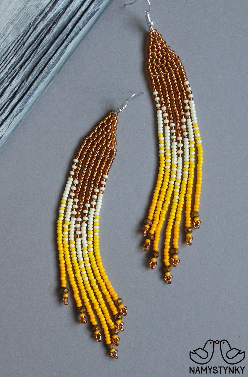 Gold Yellow Beaded Earrings Crystal Earrings Evening Seed Bead Etsy