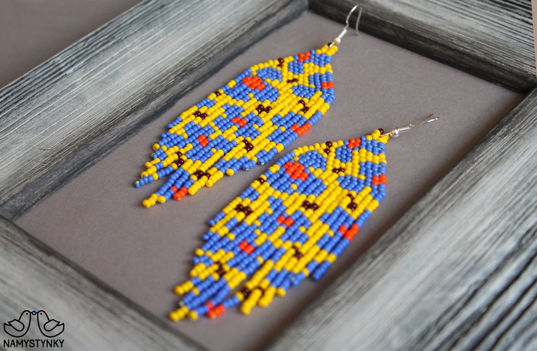 Floral Beaded Earrings Flowers Fringe Earrings Yellow Blue Earrings ...