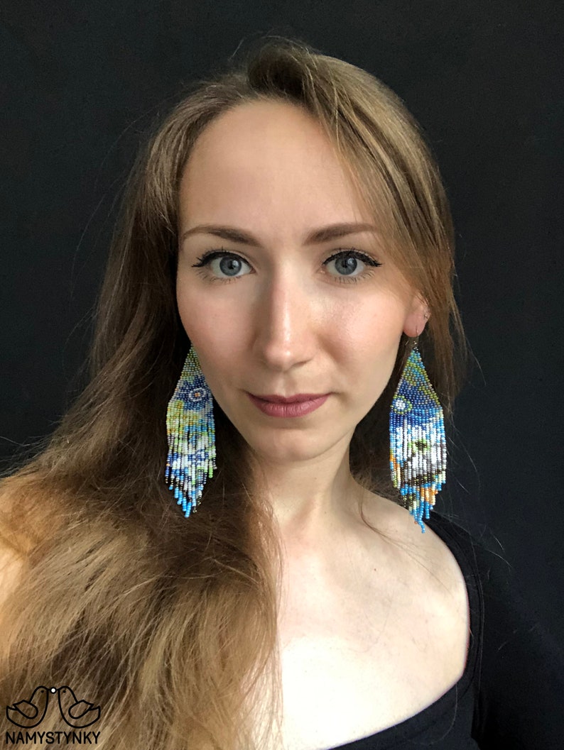 Flower Cornflower Beaded Earrings Blue White Floral Fringe Etsy