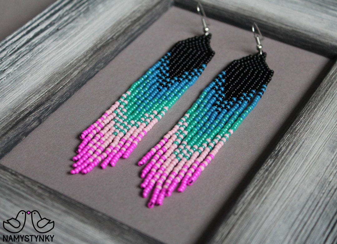 Blue Pink Beaded Earrings Seed Bead Earrings Long Ombre Earrings Dangle ...