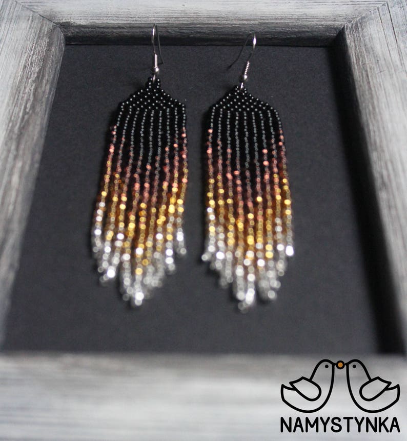 Gold beaded earrings Evening earrings Long gold ombre earrings Seed bead earring Gold chandelier earring Beadwork earring Fringe Dangle zdjęcie 10