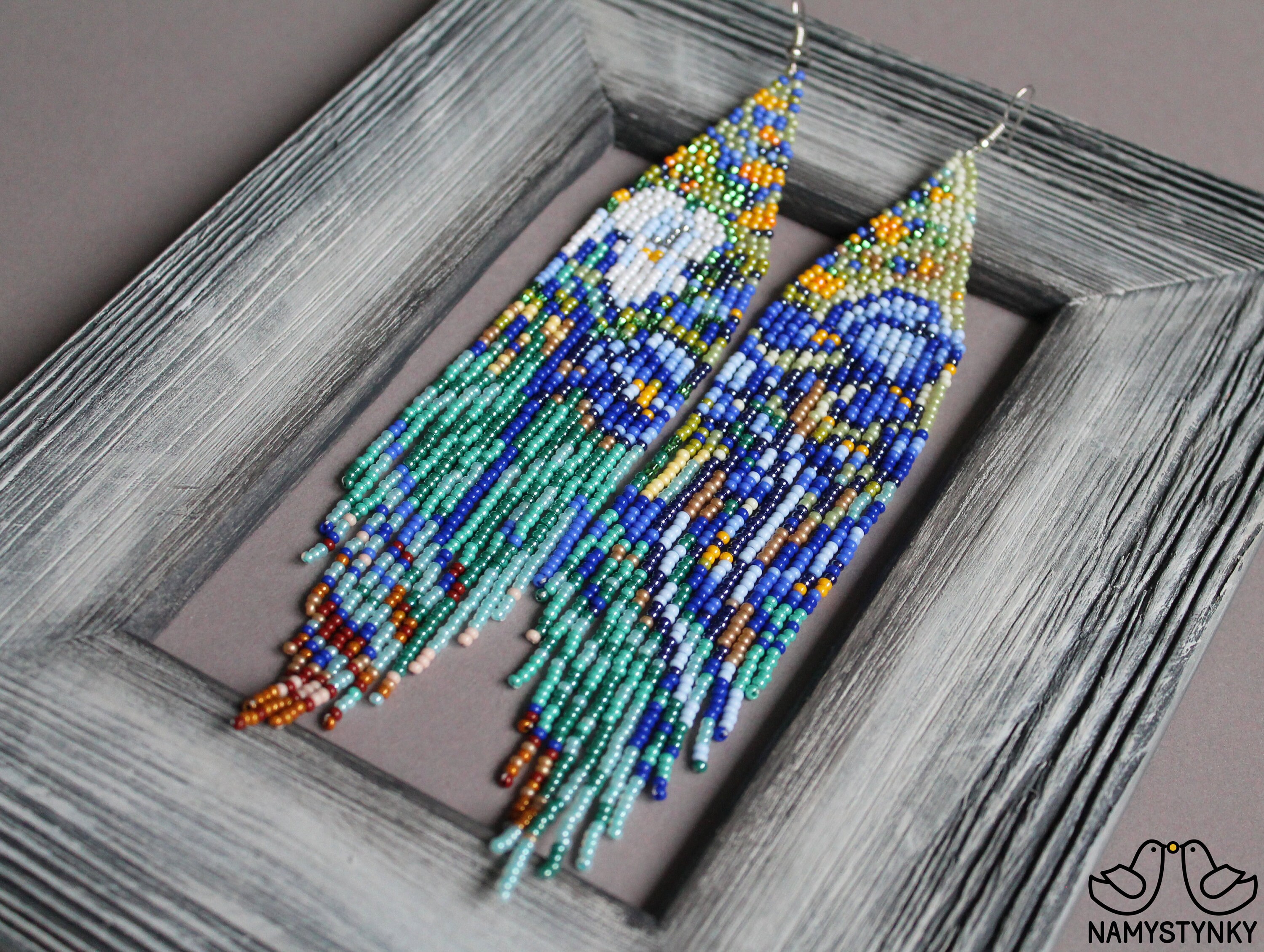 Van Gogh Irises inspired earrings Blue Beaded dangle earrings Artistic Beadwork earrings Art lover gift Blue Seed bead Boho earrings Flower