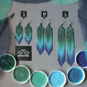 Turquoise beaded earrings Long earrings Fringe earrings Ombre earrings Seed bead earrings Chandelier earring Boho beadwork earrings Dangle