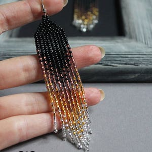 Gold beaded earrings Evening earrings Long gold ombre earrings Seed bead earring Gold chandelier earring Beadwork earring Fringe Dangle zdjęcie 3