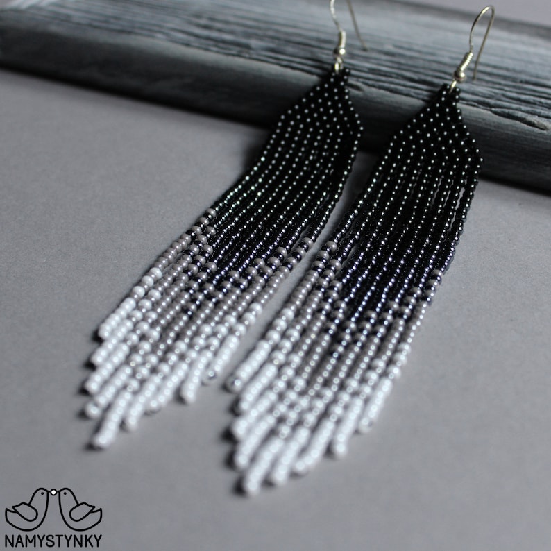 Gray Beaded Earrings Gray Ombre White Seed Bead Earrings Long Etsy