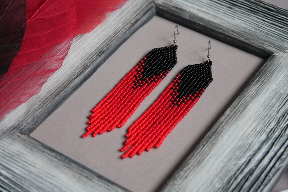 Red Fringe Beaded Earrings Red Earrings for Women Seed Bead Jewelry Modern Boho Earrings Long Dangle Earrings Beaded Jewelry Beadwork