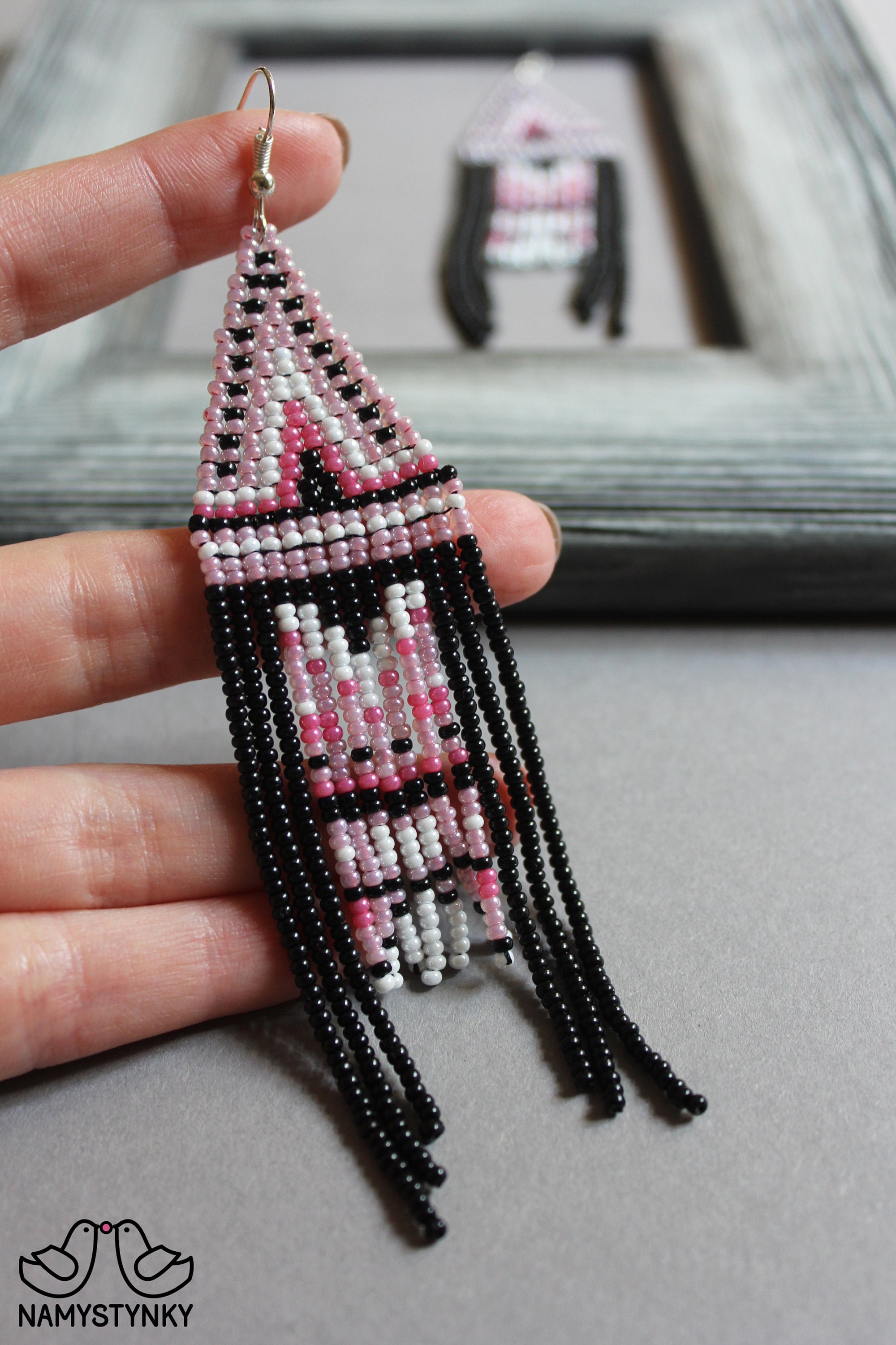 Rose Beaded earrings Long earrings Pink chandelier earrings Etsy