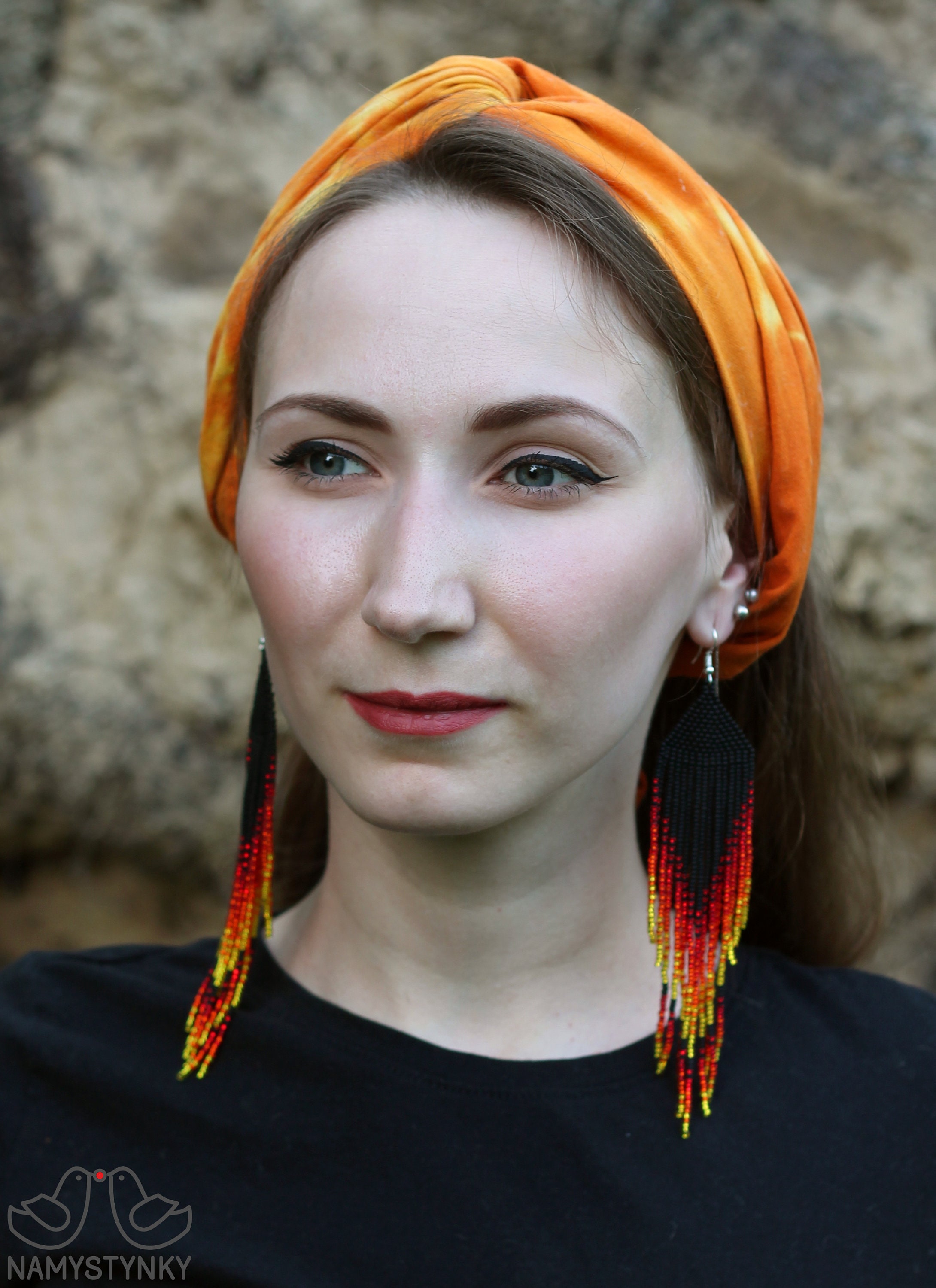 Fire red beaded earrings Fringe earrings Long earrings Black Etsy