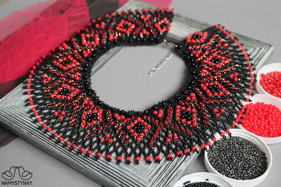 Black Red Collar Beaded Necklace With Glass Beads Evening Shining Necklace Ukrainian Traditional Necklace Boho Seed Bead Silyanka Etsy