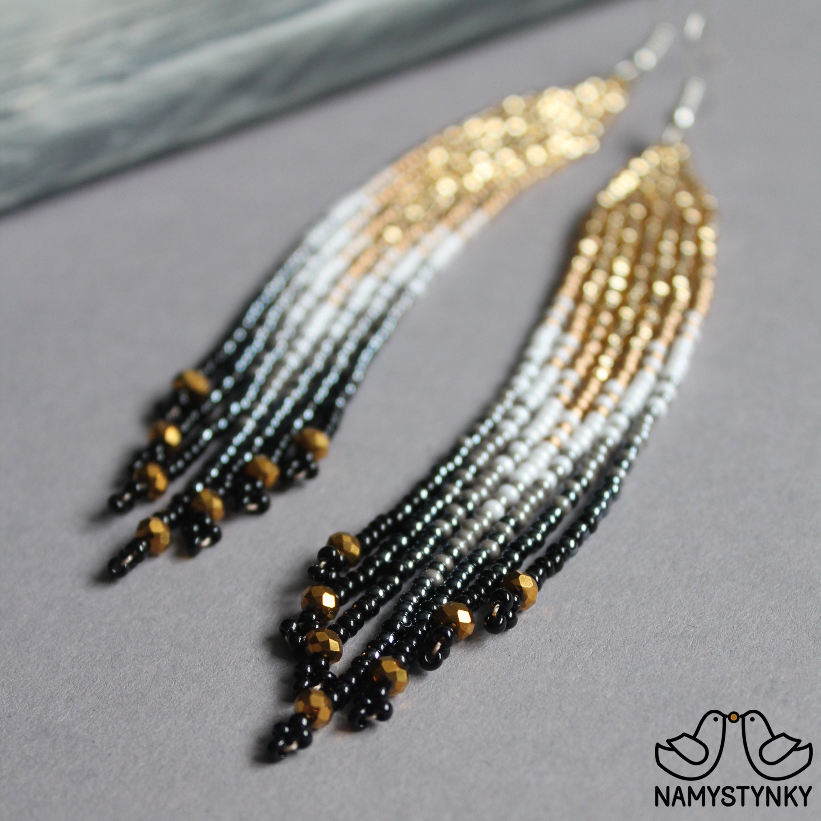 Gold Gray Beaded Earrings Crystal Earrings Evening Seed Bead - Etsy