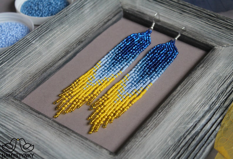 Ukrainian blue yellow beaded earrings Shining ombre earrings Long Fringe earrings Seed bead Chandelier earrings Boho beadwork earring Dangle image 1