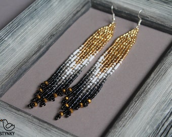 Gold gray beaded earrings Crystal earrings Evening seed bead earrings Long fringe earrings Ombre earrings Gradient beadwork earrings Dangle