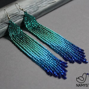 Turquoise kralen oorbellen Lange oorbellen Fringe oorbellen Ombre oorbellen Zaad kraal oorbellen Kroonluchter oorbel Boho kralenwerk oorbellen Bungelen afbeelding 8