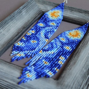 Van Gogh inspired beaded earrings Starry night dangle earrings Artistic earring Art lover gift Seed bead Boho earring Sky Landscape Beadwork image 1