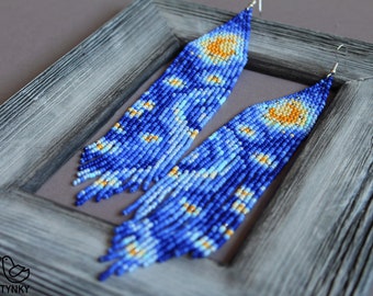 Pendientes con cuentas inspirados en Van Gogh Pendientes colgantes de noche estrellada Pendiente artístico Regalo amante del arte Cuentas de semillas Pendiente Boho Sky Landscape Beadwork