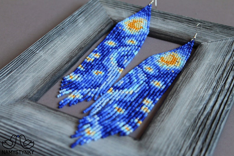 Van Gogh inspired beaded earrings Starry night dangle earrings Artistic earring Art lover gift Seed bead Boho earring Sky Landscape Beadwork image 1