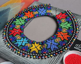 Ukrainian traditional necklace Black Star Beaded collar necklace Colorful Beaded necklace Seed bead necklace Silyanka Gerdan Boho Beadwork