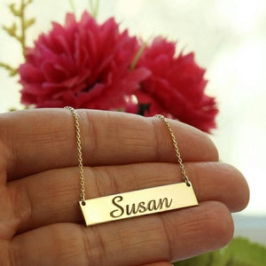 14k Solid Gold Engraved Bar Necklace-Personalized Necklace-Gold Name Necklace-Letter Necklace-Pesonalized Gift-Gifts For Her JX11 image 1