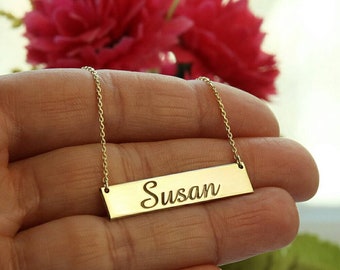 14k Solid Gold Engraved Bar Necklace-Personalized Necklace-Gold Name Necklace-Letter Necklace-Pesonalized Gift-Gifts For Her -JX11