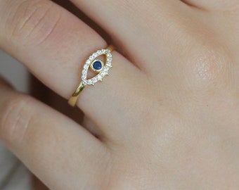 Sapphire Eye Ring,Evil Eye Jewelry,Dainty Evel Eye Ring  Protection Jewelry,Stacking Ring with Dainty Diamonds,JX61