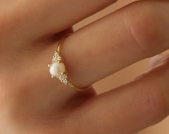 Dainty Pearl Ring, Natural Pearl Ring With Diamond, Gold Ring,Pearl Jewelry, Minimalist Ring, Engagement Ring,JX113