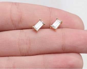 Clear Baguette Stud Earrings, Dainty Minimalist Earrings, Tiny Second Piercing Studs, Gift for Her