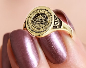 Anello personalizzato in oro 14k,Anello di classe universitaria,Anello scolastico,Anello con sigillo,Anello di laurea,Anello di classe superiore,Anello universitario-JX21