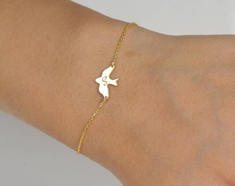14k Gold Bird Bracelet-Personalized Bracelet-Soar Bird Bracelet-Dove Bracelet-Gold-Personalized Gift-Bracelet-JX14