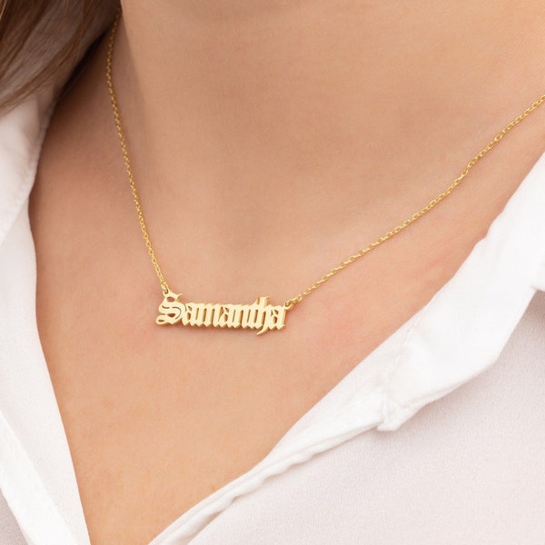14k Solid Gold Name Necklace,Old English Name Necklace,Gothic Name Necklace, Real Gold, Custom Name Necklace,Personalized Gifts,JX11