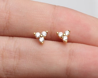 Tiny Diamond Stud Earrings, 14k Gold Minimalist Earrings, Dainty Three Stone Studs, Small Everyday Earrings, Gift for Her