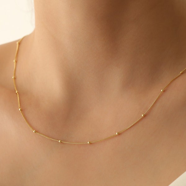 14k Gold Beaded Satellite Chain,Gold Filled,Sterling Silver or Rose,Dew Drops,Simple,Everday Layering Necklace,JX108