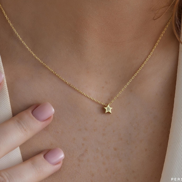 Collar de oro de 14 quilates con inicial pequeña y estrella - Collar personalizado - Collar con inicial delicada - Regalos personalizados - JX14