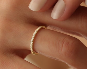 Dainty Pavé Eternity Ring, Thin Wedding Band, Minimalist Stacking Ring, Promise Ring for Her