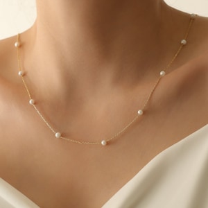 14k Gold Tiny Pearl Necklace, Dainty Freshwater Pearl Necklace, Gold Pearl Necklace, Bridesmaid Gifts,JX111