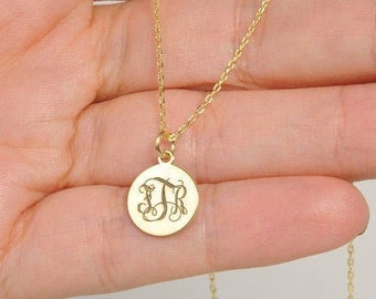 14k Solid Gold-Tiny Disc Necklace-Monogram-Personalized Disc Necklace-Gold Initial Disc Necklace-Engraved Disc Necklace-Personalized-JX11