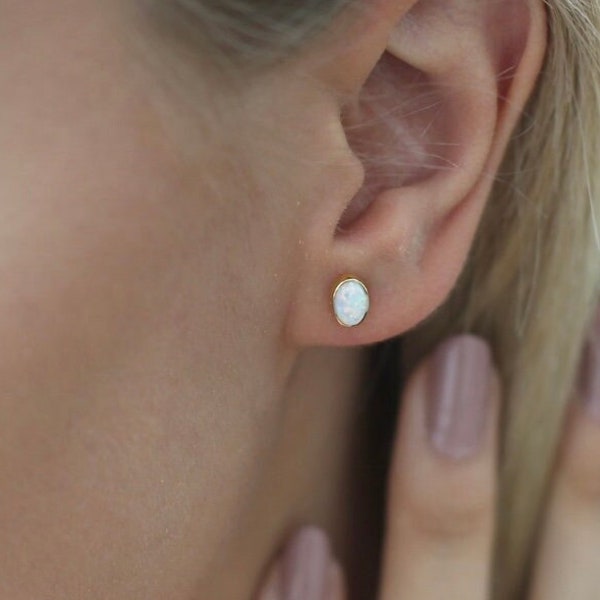 Oval Opal Stud Earrings, Dainty Opal Jewelry, Opal Earrings in Gold,Silver and Rose Gold,JX63