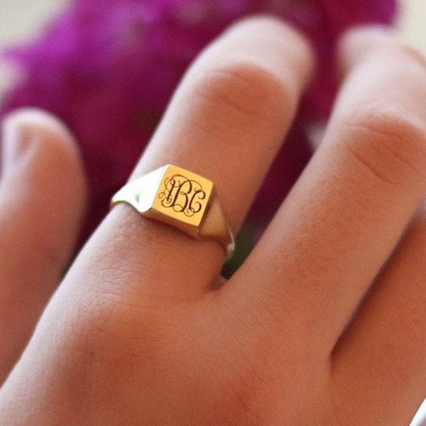 14k Gold Square Signet Ring-Monogram Ring-Gold Signet Ring-Monogram Jewelry-Engraved Ring-Womens Initial Ring-Bridesmaid Gift-JX38