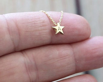 14k Gold Tiny Initial Star Necklace-Personalized Necklace-Dainty Initial Necklace-Personalized Gifts-JX14