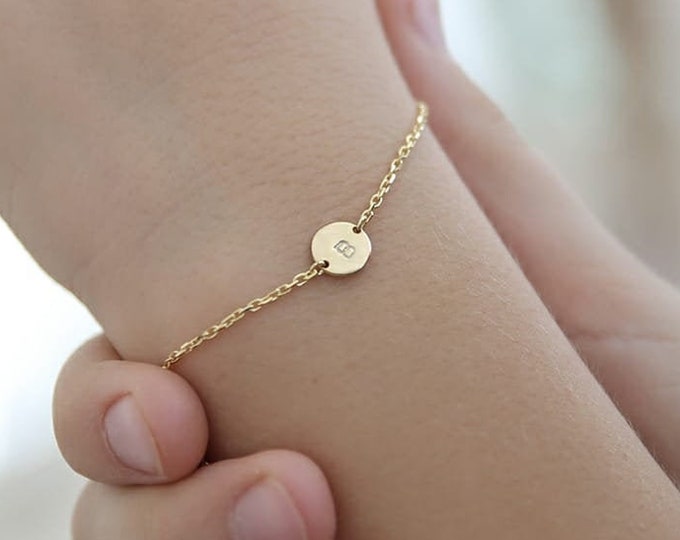 14k Gold  Tiny Initial Bracelet-Dainty Personalized Disk Bracelet-Personalized Gift-Letter Bracelet-Bridesmaid Gift-Gifts-JX14